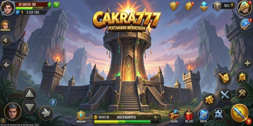 Screenshot gameplay CAKRA777 menampilkan menara bertahan dan serangan musuh.