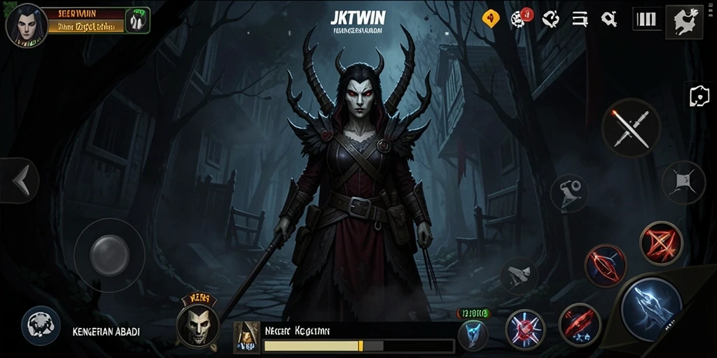 Screenshot gameplay JKTWIN menampilkan suasana menyeramkan dalam kegelapan.