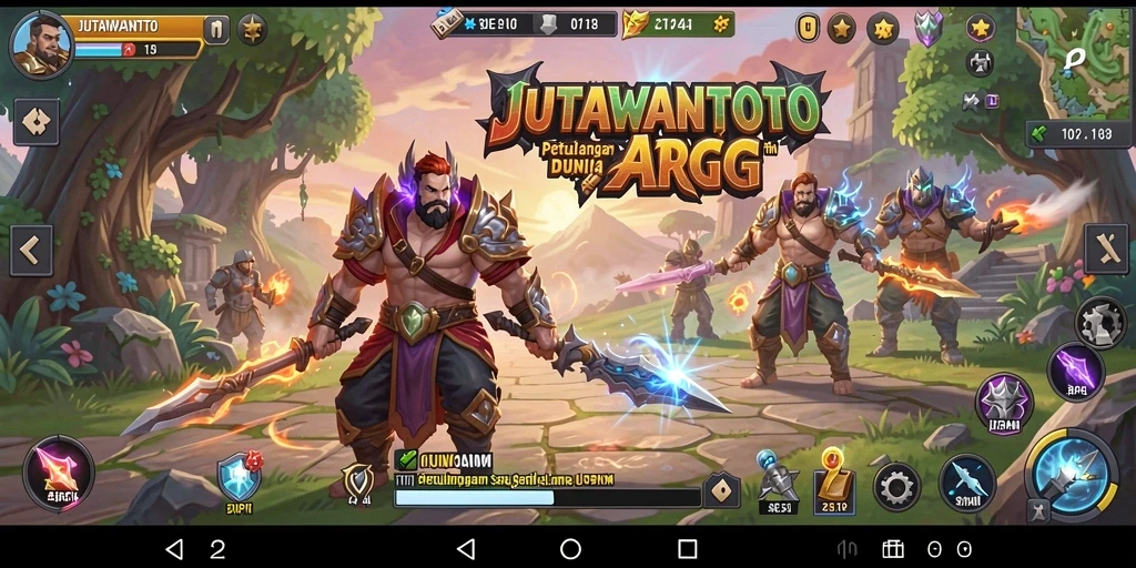 Tampilan aksi seru dalam JUTAWANTOTO dengan karakter menaklukkan musuh.