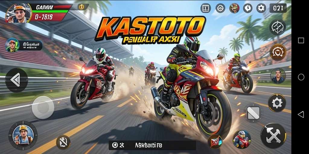 Tampilan gameplay KASTOTO menunjukkan balapan motor yang seru.