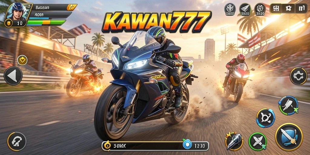 Tampilan gameplay seru KAWAN777 saat balapan motor.