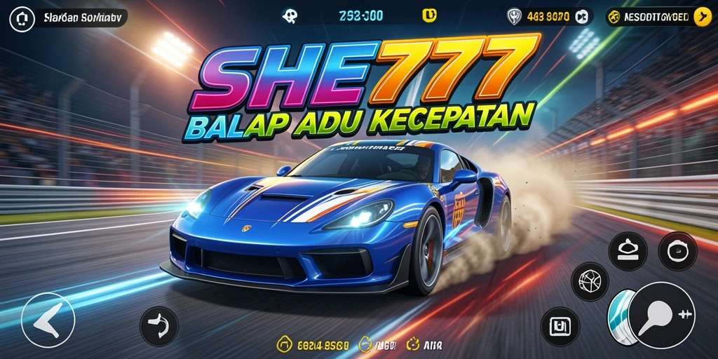 Screenshot utama SHE777 menampilkan aksi balap yang mendebarkan.