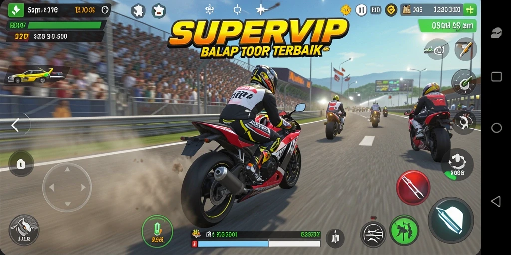 Tampilan gameplay balap motor yang mendebarkan di SUPERVIP.