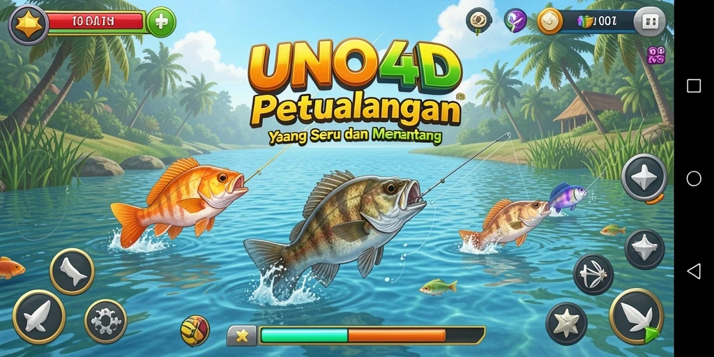 Tampilan gameplay seru memancing di UNO4D dengan berbagai ikan yang menunggu untuk ditangkap.